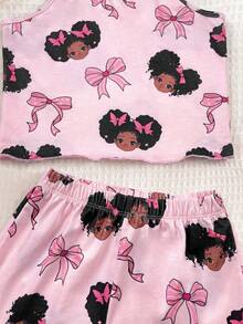 SHEIN 2pcs/Set Young Girl Knitted Cute Girl Pattern Camisole And Shorts Pajamas Set - Multicolor - View 5
