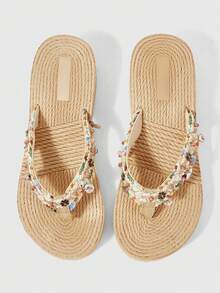 ROMWE Fairycore Sandal đế bằng nữ mùa hè, sandal hở mũi kiểu La Mã, sandal đi biển, sandal hoa ba chiều bằng rơm, dép đi nghỉ mát, giày dự tiệc. - Màu be + Hoa - Xem 5