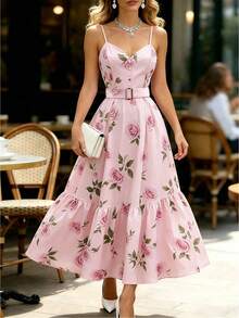 SHEIN Franclia 女士夏季连衣裙，吊带V领印花连衣裙，粉色连衣裙配金色方形金属扣腰带，吊带V领长款连衣裙，度假风连衣裙，通勤休闲连衣裙，夏季假日装扮，情人节装扮，派对连衣裙，婚纱，毕业礼服，夏季度假装扮，户外装扮，时尚休闲通勤连衣裙，百搭时尚日常休闲装 - 粉色 - 查看 8