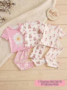 Baby Girl Cartoon Pattern Ruffle Trim Round Neck Short Sleeve Top And Pants Soft Comfy Pajama Set, 2pcs - Multicolor - View 1