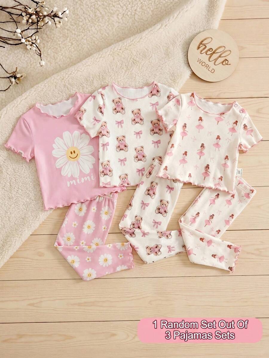 Baby Girl Cartoon Pattern Ruffle Trim Round Neck Short Sleeve Top And Pants Soft Comfy Pajama Set, 2pcs - Multicolor - View 1