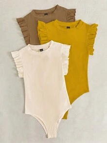 SHEIN LUNE Women's Ribbed Ruffle Cap Sleeve Bodysuit Round Neck Form-Fitting Top In Light Yellow Shades Of Brown High Stretch Basic Daily Wear Holiday - Multicolor - View 4
