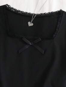 Tween Girl Contrast Lace Bow Decor Short Sleeve Cropped T-Shirt - Black - View 5