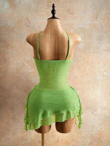 Mistrie Vestido de mujer con cuello de corbata verde, cruce de tirantes, recorte hueco y volante en el bajo - Verde - Ver 2