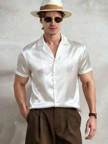 Airaco Men's Satin Short Sleeve V-Neck Shirt - White - View 3