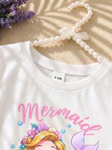 6M-3T Baby Girl 2pcs Set White Short Sleeve Knit Crew Neck T-Shirt With Cute Mermaid Print Seashell Print Shorts Summer Vacation Holiday Casual Outfit - Multicolor - View 7