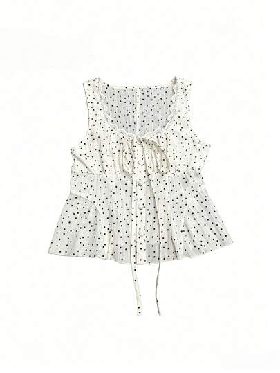 Pariaura Women's Polka Dot Print Sleeveless Tie Front Shirt For Daily Wear, Summer