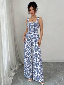 SHEIN Raffinéa Women's Vacation Printed Sleeveless Jumpsuit - Blue - View 6