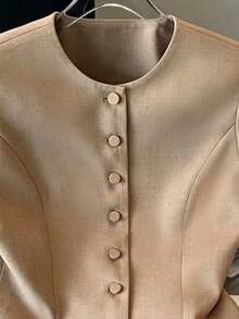 SHEIN Franclia Women's Elegent Khaki Summer Casual Office Collarless Fitted Blazer,Short Sleeve Button Down Waist Cinching Suit Jacket,Minimalist Workwear Outerwear - Apricot - View 3