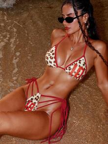 Swim SXY Set Bikini Tanpa Lengan Model Halter Motif Leopard Seksi Terbaru, Pakaian Renang Dua Potong Kombinasi Warna untuk Liburan Pantai - MultiWarna - View 1