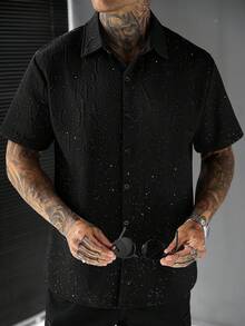 SLATEMANN 男士单排扣休闲百搭日常短袖衬衫 - 黑色 - 查看 7