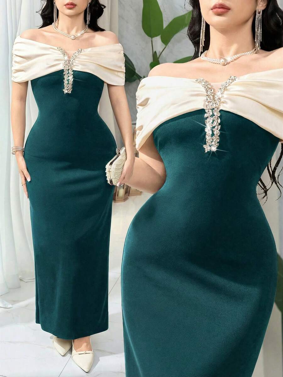 Feyla 女士露肩撞色褶皱优雅收腰连衣裙，适合派对穿着