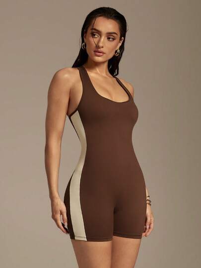 Silquee Women's Summer New Contrast Sideseam Racerback Shapewear Romper