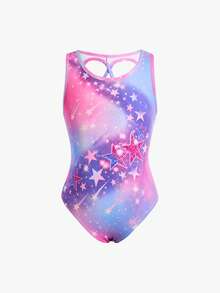 SHEIN 女童休闲日常时尚明星扎染印花连体运动服，修身设计防止走光，适合运动、体操和舞蹈比赛，四季皆宜，女童无袖运动服，多种颜色可选，印花精致，舒适弹力。 - 粉色 - 查看 4