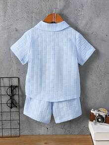SHEIN Casuvi Kids 夏季少年 Masson 纯色质感 翻领衬衫套装短裤 - 藍色 - 查看 2