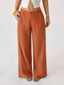SHEIN PETITE Celana Panjang Lurus Pinggang Rendah 100% Katun Cuci, Wanita Bertubuh Mungil - Redwood - View 4