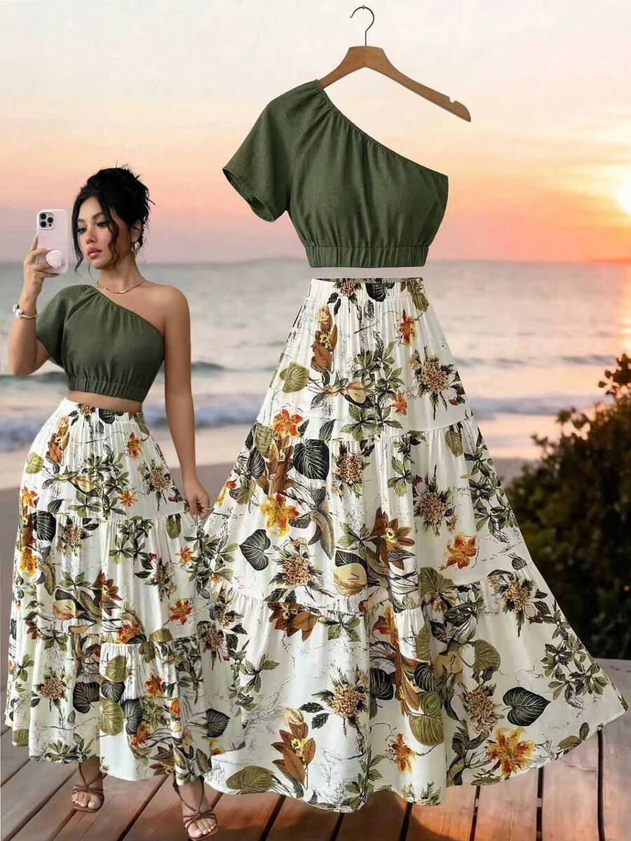 Selianne Boho Women's Asymmetrical Neck Crop Blouse With Raglan Short Sleeve And Ruffle Hem Skirt Two Piece Set,Army Green,Summer,Holiday,Vacation,Holiday - Multicolor - View 1