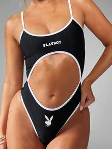 Missguided x Playboy 高切 Monokini 连体泳衣，带镂空细节和对比色白色饰边，对比色绑带运动沙滩装 - 黑色 - 查看 3