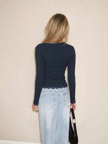 Sydney Algeri Women's Lace Frill Trim Fitted Cardigan Long Sleeve Top - Navy Blue - View 2