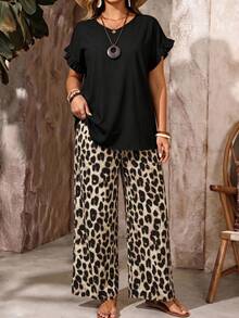 EMERY ROSE Set de 2 piezas: Blusa de escote en V y pantalones con estampado de leopardo y cordón en la cintura para mujer de talla grande - Multicolor - Ver 4