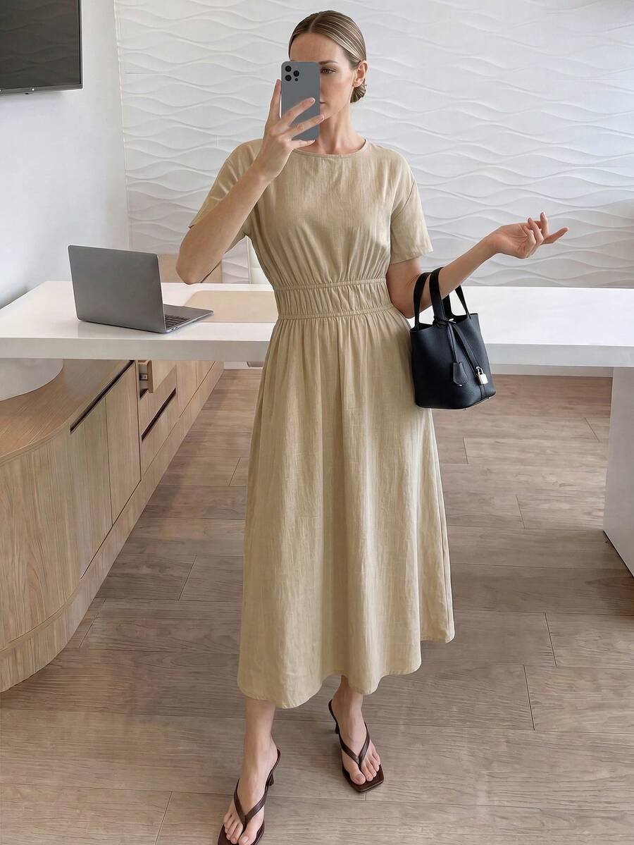 Easowa Đầm nữ tay ngắn cổ tròn, chất liệu có họa tiết, cạp chun, họa tiết. - Màu be - Xem 1