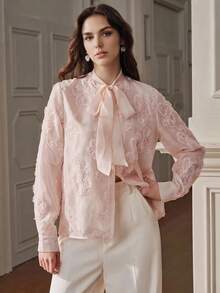 Anewsta Women's New Elegant Romantic Long Sleeve Shirt With Pearl Embroidery Design, Slimming Luxurious Party Blush Pink Autumn - Pink - View 3