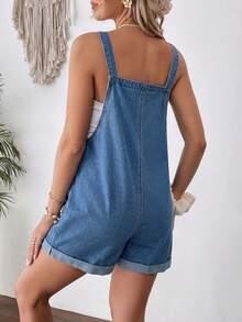 SHEIN Áo liền quần denim một hàng cúc, thắt nút vai dành cho bà bầu, kiểu dáng thường ngày đa năng. - Màu xanh lam - Xem 2