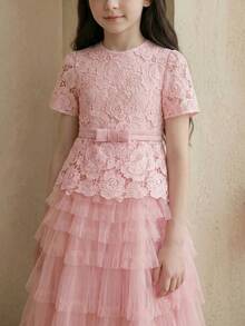 Anewsta Girls' Summer Dress Festival Outfits, Round Neck Pink Bow Tulle & Lace Patchwork Dress - Pink - View 5