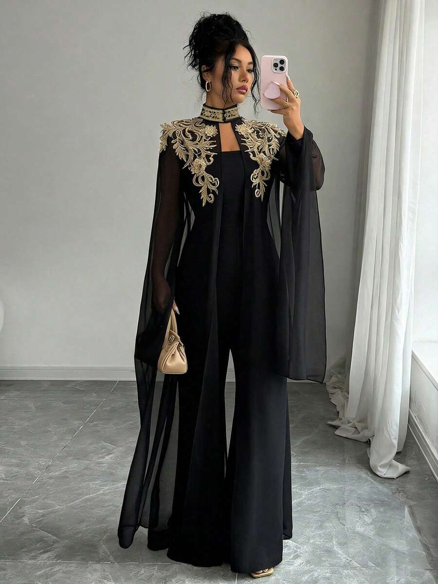 Elenzga Women's Gold Lace Trim Jumpsuit 2 Pieces Set - Black - View 1