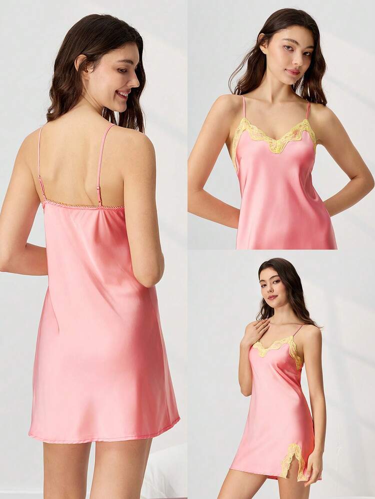 Silky Satin V-Neck Strappy Camisole Loungewear Slip Dress Nightdress