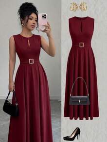 Elenzga Women's Elegant Romantic Sleeveless Flowing Casual Dress - Burgundy - View 3