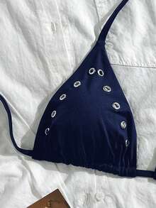 Swim Basics Women's Summer Beach Vacation Keyhole Design Sexy Halter Bikini Top - Navy Blue - View 5