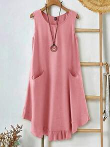 Rusticease Vestido casual de verano de talla grande, unicolor, cuello redondo, bolsillo, sin mangas - Rosa - Ver 7