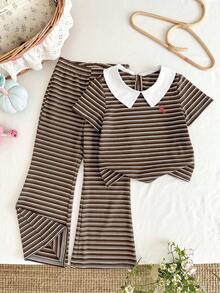SHEIN 2件套少女条纹领休闲T恤和喇叭裤套装 - 棕色 - 查看 5