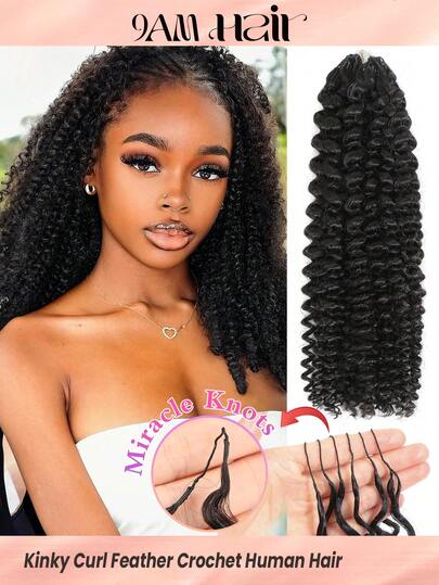Boho Braids 奇迹结真人钩编发，100% Remy 真人发，羽毛线钩编发辫，沙龙级丝滑无缝隐形自然黑色蓬松卷曲奇迹结羽毛钩编真人发辫，适合发量较少的女性，微型预环钩编真人发蓬松卷曲接发