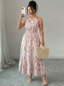 SHEIN LUNE Plus Size Women's Elegant Boho Loose Waist-Cinched A-Line Printed Halter Dress, Suitable For Vacation And Everyday Wear, Spring/Summer Pink Floral - Pink - View 5