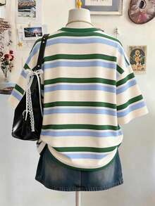 Lalippa Striped Digital Print Fashionable Minimalist Oversized Mid-Length Round Neck Drop Shoulder Women T-Shirt, Gift For Friends - White - View 2