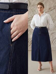 MOTF PREMIUM CHÂN VÁY DENIM MÀU XANH DƯƠNG THANH LỊCH DÀNH CHO NGƯỜI CÓ VÓC DÁNG LỚN - Màu xanh lam - Xem 1