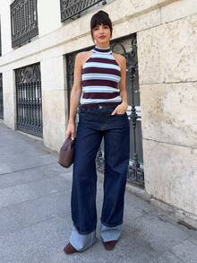 Marta Soriano Atasan Sweater Rajut Garis-Garis Minimalis Tanpa Lengan untuk Musim Panas - Coklat - View 6