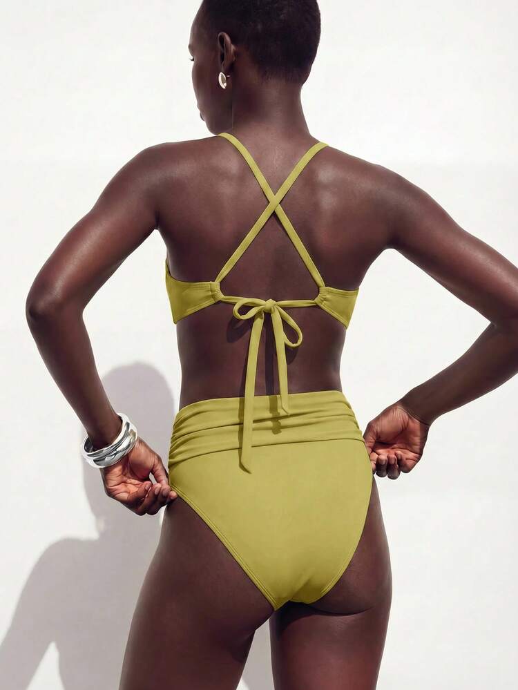 SHEIN Maija Women's Summer Beach Solid Color Ruched Halter Tie Sexy Bikini And Triangle Panty Swimwear Set