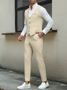 Calvornis 男士商務正式開襟背心西裝外套與修身長褲服裝2件套，儀式用 - 卡其色 - 查看 8