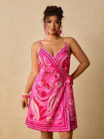 Travachic Plus Size Paisley Print Tie-Waist Wrap Cami Dress, Casual Holiday