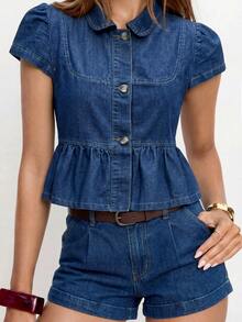Avantive Áo denim nữ cài một hàng khuy, xếp ly, kiểu dáng thường ngày, đa năng. - Rửa tối - Xem 7