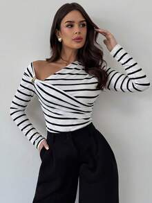 Firerie Women's Asymmetric Shoulder Wrap Ruched Waist Tight Fit T-Shirt, Metal Decor, Elegant Modest Commute Date Night Tops, Black And White Striped, Autumn - Black and White - View 2