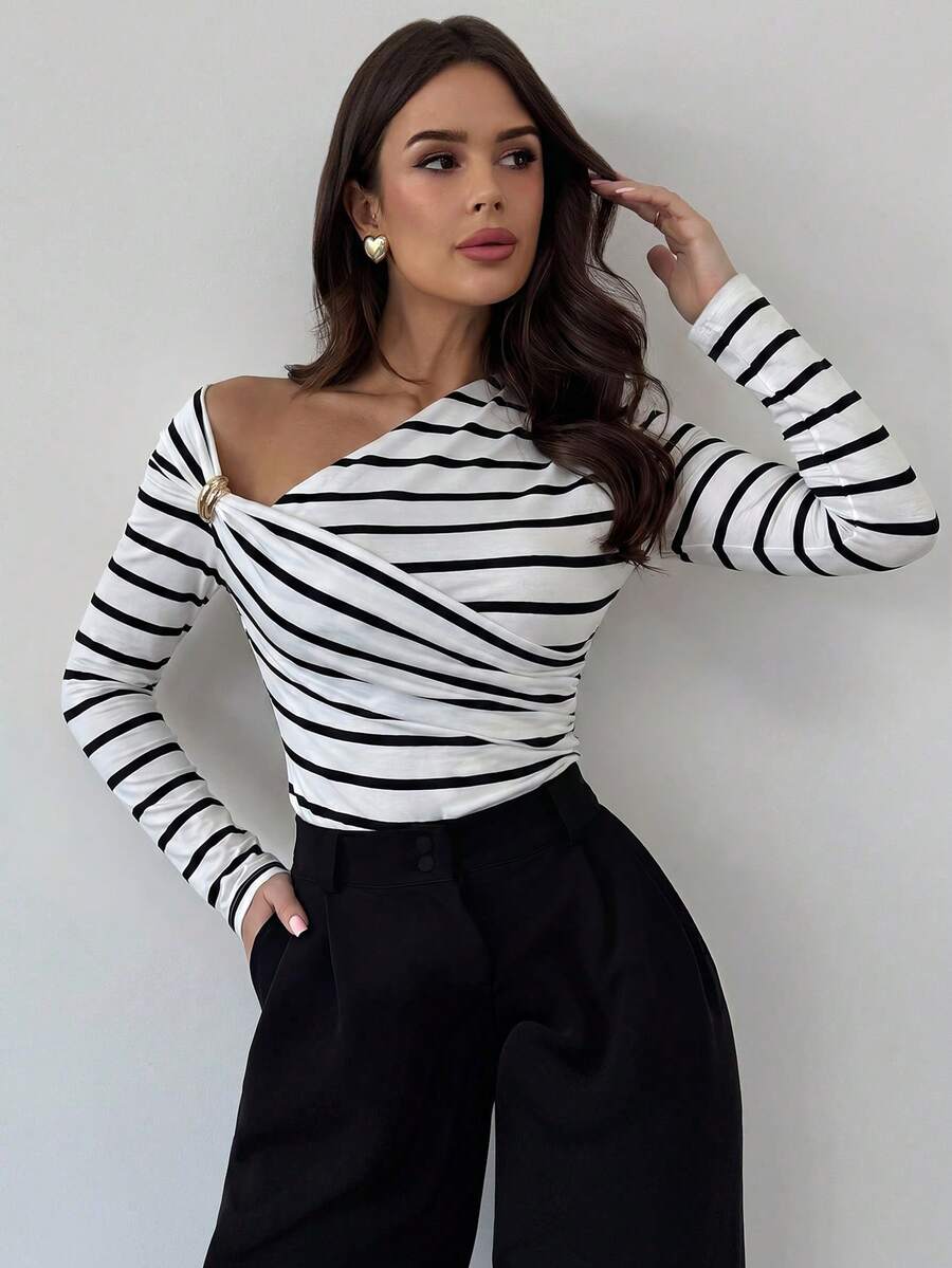 Firerie Women's Asymmetric Shoulder Wrap Ruched Waist Tight Fit T-Shirt, Metal Decor, Elegant Modest Commute Date Night Tops, Black And White Striped, Autumn