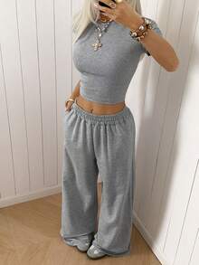 SHEIN EZwear 夏季灰色紧身短袖T恤和宽松运动裤两件套休闲套装 - 灰色 - 查看 4