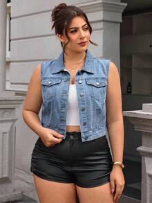 SHEIN Essnce Plus Size Women Casual Single-Breasted Denim Vest Jacket - Light Wash - View 1