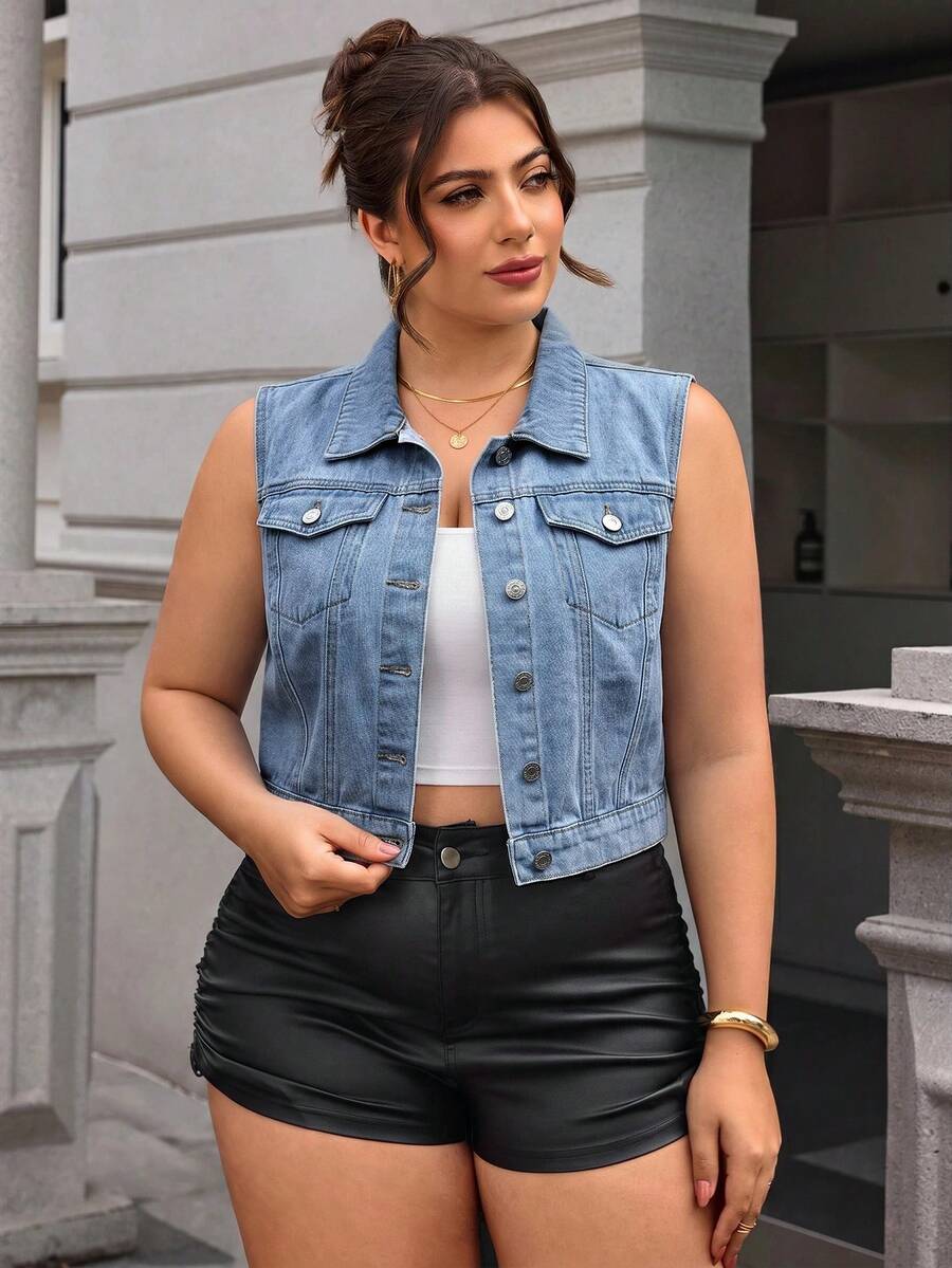 SHEIN Essnce Plus Size Women Casual Single-Breasted Denim Vest Jacket - Light Wash - View 1