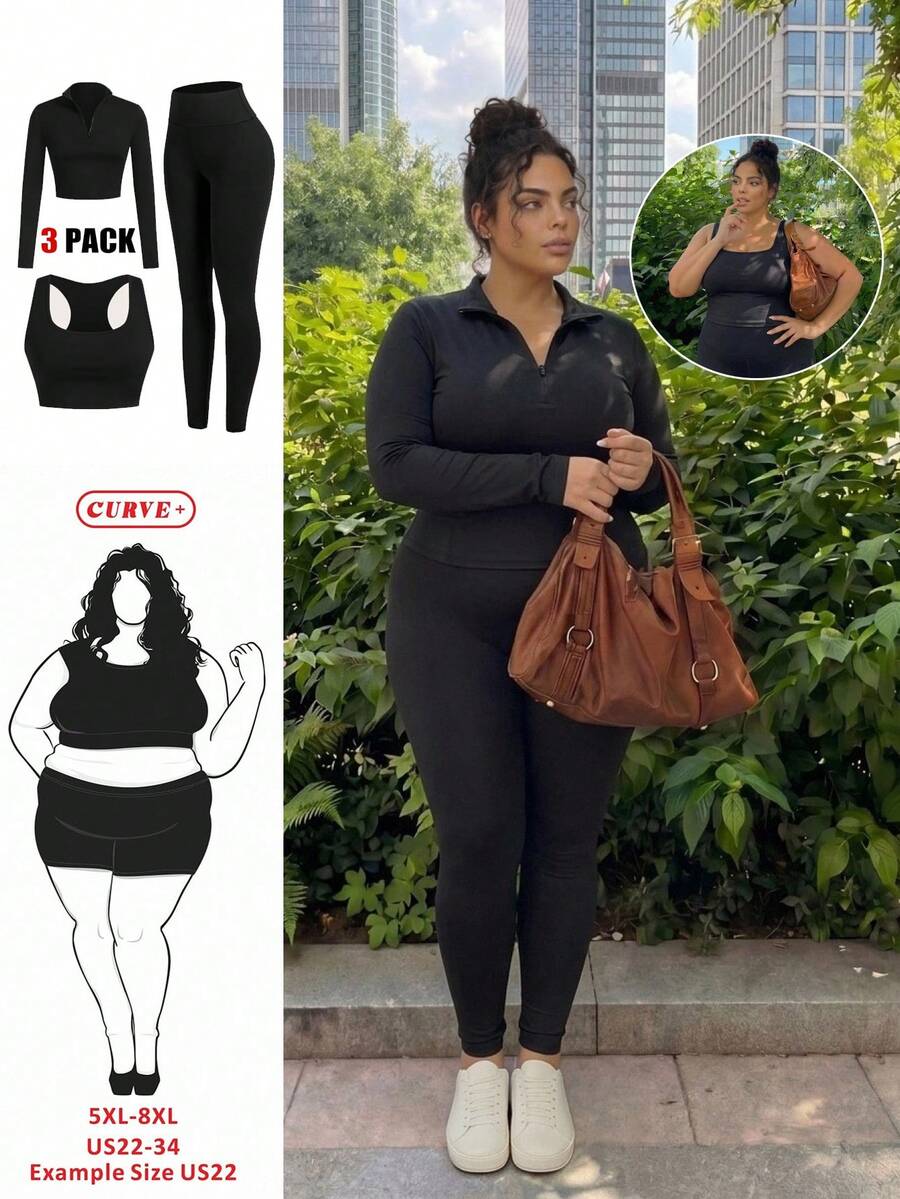 SHEIN CURVE+ Bộ đồ mùa hè thường ngày cỡ lớn dành cho nữ, Bộ đồ thường ngày dành cho nữ, Trang phục đường phố dành cho nữ, Bộ áo dài tay cổ đứng có khóa kéo, áo vest và quần legging dành cho nữ, Bộ đồ tập thể dục 3 món dành cho nữ, chất liệu thấm hút mồ hôi và chống tia UV. - màu đen - Xem 1