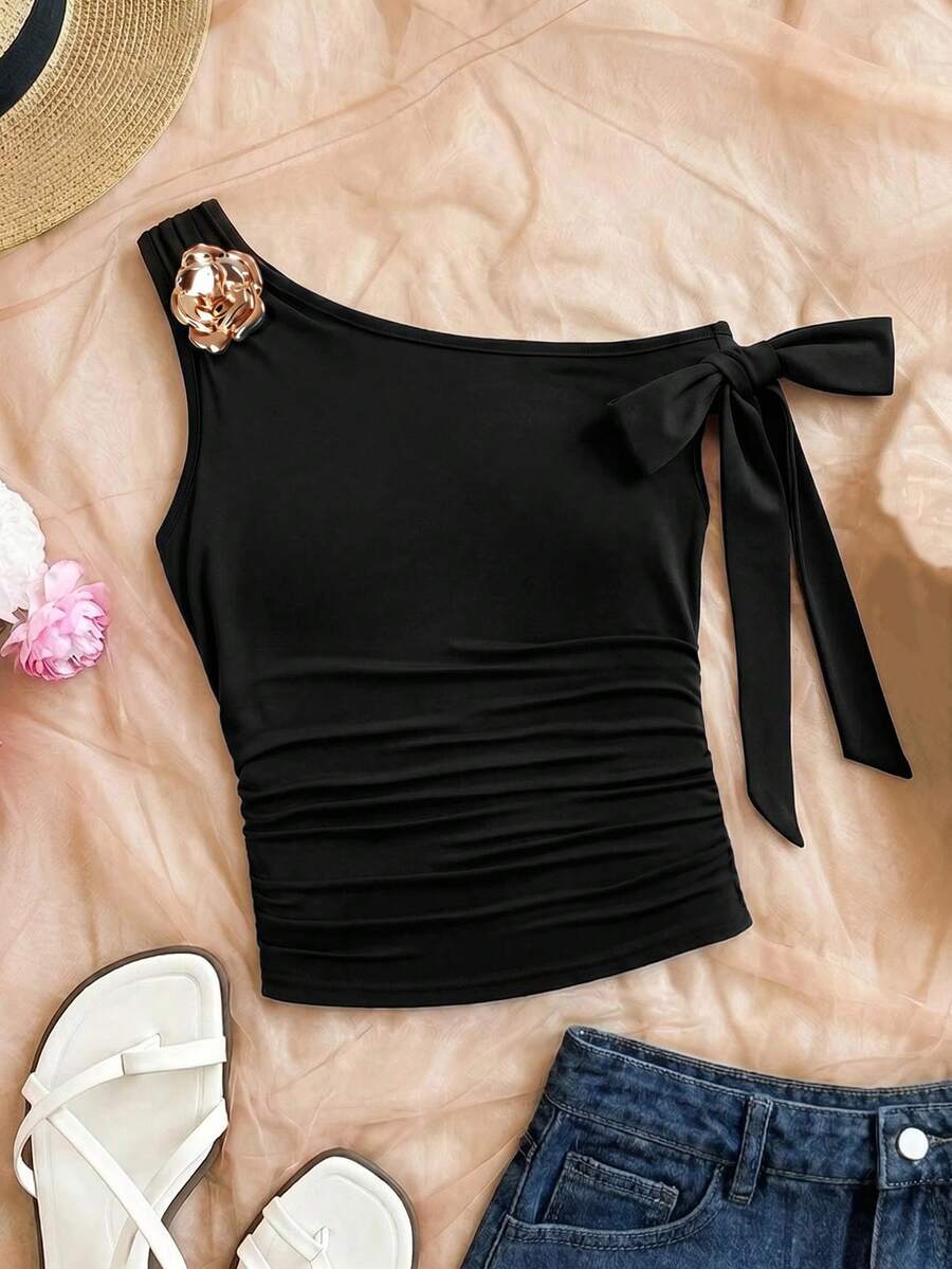 SHEIN Tween Girls' Fashionable Elegant Sleeveless Asymmetrical Shoulder Top, Solid Black - Black - View 1